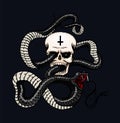 Snake With A Skull In Vintage Style. Serpent Cobra Or Python Or Poisonous Viper On A Black Background. Engraved Hand