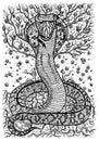 Snake symbol with Eve, Adam, tree of knowledge and flowers