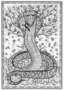 Snake symbol with Eve, Adam, tree of knowledge and flowers in frame