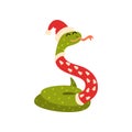 Snake symbol of New Year, cute animal of Chinese horoscope in Santa Claus costume vector Illustration on a white