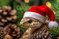 A snake wearing a santa hat sitting on top of a pine cone Royalty Free Stock Photo