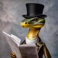 A snake wearing a top hat and monocle, reading a digital newspaper on a tablet2