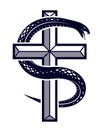 Snake wraps around Christian cross, the struggle between good and evil, saint and sinner, love and hate, life and death symbolic