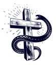 Snake wraps around Christian cross, the struggle between good and evil, saint and sinner, love and hate, life and death symbolic