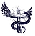 Snake wraps around Christian cross, the struggle between good and evil, saint and sinner, love and hate, life and death symbolic