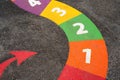 Snakes Board Game with Number on playground floor,Bright colored paint with number One,Two,Three,Four with Red arrow on pavement ,