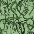 Snakes hand drawn in bamboo forest toned green on green background. seamless pattern. Print, packaging, wallpaper, textile, statio Royalty Free Stock Photo