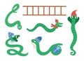 Snakes and ladder clipart. Funny Christmas animals in hats and scarfs for educational board game. Cute winter serpent illustration