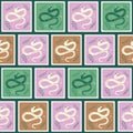 Snakes quilted seamless pattern. Reptiles patchwork Chinese New Year repeat background. Animal surface pattern design. Vector hand