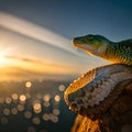 Snakes and snake head objects with bokeh color concept of exotic scales with the help of silhouettes of sunlight