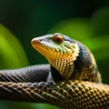 Snakes and snake head objects with bokeh color concept of exotic scales with the help of silhouettes of sunlight