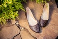 Snakeskin ballet flats, women's shoes on a rock