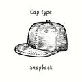 Snap back baseball cap type. Ink black and white doodle drawing