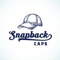 Snapback Caps Abstract Vector Sign, Symbol or Logo Template. Truckers Hat Sketch Drawing with Retro Typography. Vintage