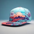 Colorful Snapback Hat With Waves And Seascapes Design