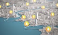 Snapchat Icon Over Aerial View of City Buildings 3D Rendering