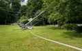 Snapped and downed power post and line after storm Royalty Free Stock Photo