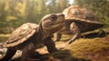 Snapping turtles close-up walking by the lake