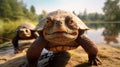 Snapping turtles close-up walking by the lake