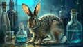 Snapshot of a Mountain Cottontail rabbit next to bottles of Water in Nature