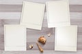 Snapshots templates arranged on rustic wooden background with seashells around