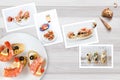 Snapshots of various sandwiches with seafood arranged on rustic wooden background with plates with food and seashells Royalty Free Stock Photo