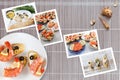 Snapshots of various sandwiches with seafood arranged on rustic wooden background with plates with food and seashells Royalty Free Stock Photo