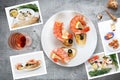 Snapshots of various sandwiches with seafood arranged on rustic wooden background with plates with food and seashells Royalty Free Stock Photo