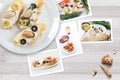 Snapshots of various sandwiches with seafood arranged on rustic wooden background with plates with food and seashells Royalty Free Stock Photo