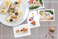 Snapshots of various sandwiches with seafood arranged on rustic wooden background with plates with food and seashells Royalty Free Stock Photo