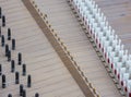 Snares inside body of old harpsichord with bridge