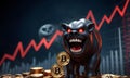 Bullish Beast with Cryptocurrency on Red Chart AI Generative Royalty Free Stock Photo