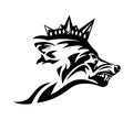 Snarling king wolf wearing royal crown black and white vector profile head outline