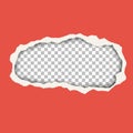 Snatched hole in red paper sheet. Background of resulting window is transparent and checkered and has space for text. Torn edges Royalty Free Stock Photo