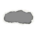 Snatched hole in white paper sheet. Background of the resulting window is dark gray. Edges of the hole have soft shadow. Template Royalty Free Stock Photo