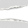 Snatched middle of transparent paper with torn edges, soft shadow and space for text. White background of the resulting window.