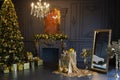 Snazzy christmas interior in living room, golden decorations , lights, christmas tree and heap of gifts, golden mirror and