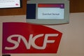 SNCF logo with a screen displaying `counter closed`, French national rail company subject to numerous strikes and incidents which