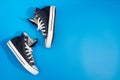 Sneackers lying on blue background. Top view. Flatlay. Copyspace center Royalty Free Stock Photo