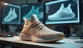 Sneaker design in studio with CAD displays showing shoe models. Modern footwear creation process involves digital design and Royalty Free Stock Photo