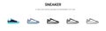 Sneaker icon in filled, thin line, outline and stroke style. Vector illustration of two colored and black sneaker vector icons Royalty Free Stock Photo