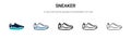 Sneaker icon in filled, thin line, outline and stroke style. Vector illustration of two colored and black sneaker vector icons Royalty Free Stock Photo
