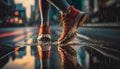 Sneaker shoes, feet close-up. Wet rainy weather, puddles. Runner makes a morning run in a city street. Royalty Free Stock Photo