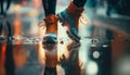 Sneaker shoes, feet close-up. Wet rainy weather, puddles. Runner makes a morning run in a city street. Royalty Free Stock Photo