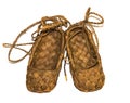 sneaker wood woven birch sandals for everyday wear in the village on a wooden background Royalty Free Stock Photo