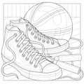 Sneakers with a basketball and a Jump rope.Coloring book antistress for children and adults Royalty Free Stock Photo