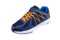 Sneakers blue with orange laces.