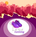 Sneakers on city background with lettering vector concept illustration of running, active lifestyle.