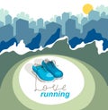 Sneakers on city background with lettering vector concept illustration of running, active lifestyle.