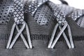 Sneakers close-up. Shoelaces of new sports shoes in gray, lacing sneakers close-up, top view. Mesh elastic laces for
